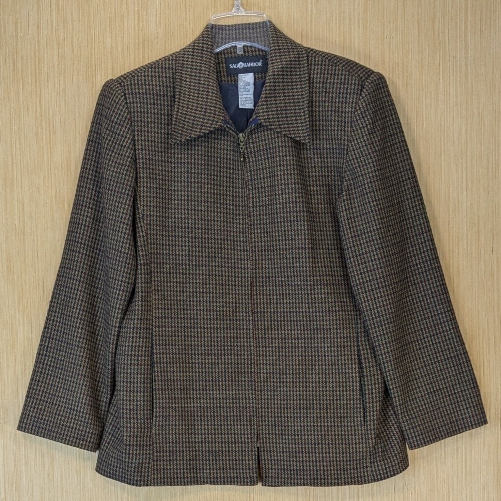 Vintage Preppy Old Money Dark Academia Jacket 14 Brown Houndstooth Wool Blend